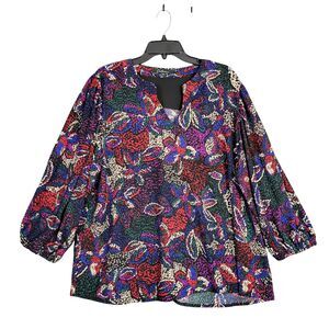 Calessa Womens Split Neck Top Artsy Floral Crinkle Textured SIZE 1X AU24C18W